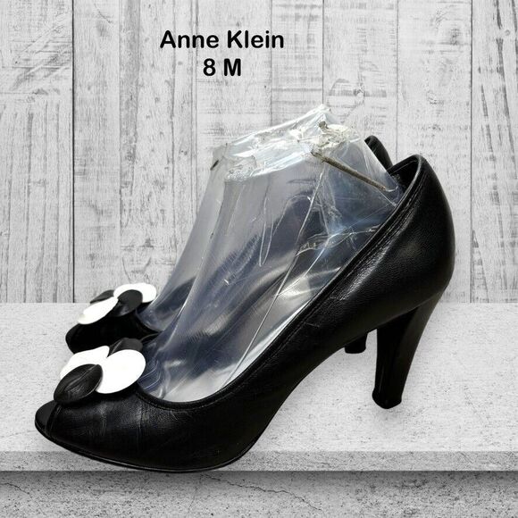 Anne Klein Akera Black Leather Peep Toe Half D'Orsay High Heel Womens‎ Size 8 M - Picture 1 of 11